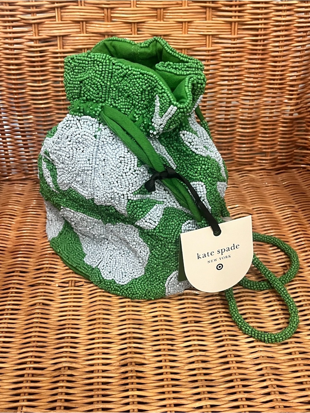 kate spade green and white beaded drawstring mini bag